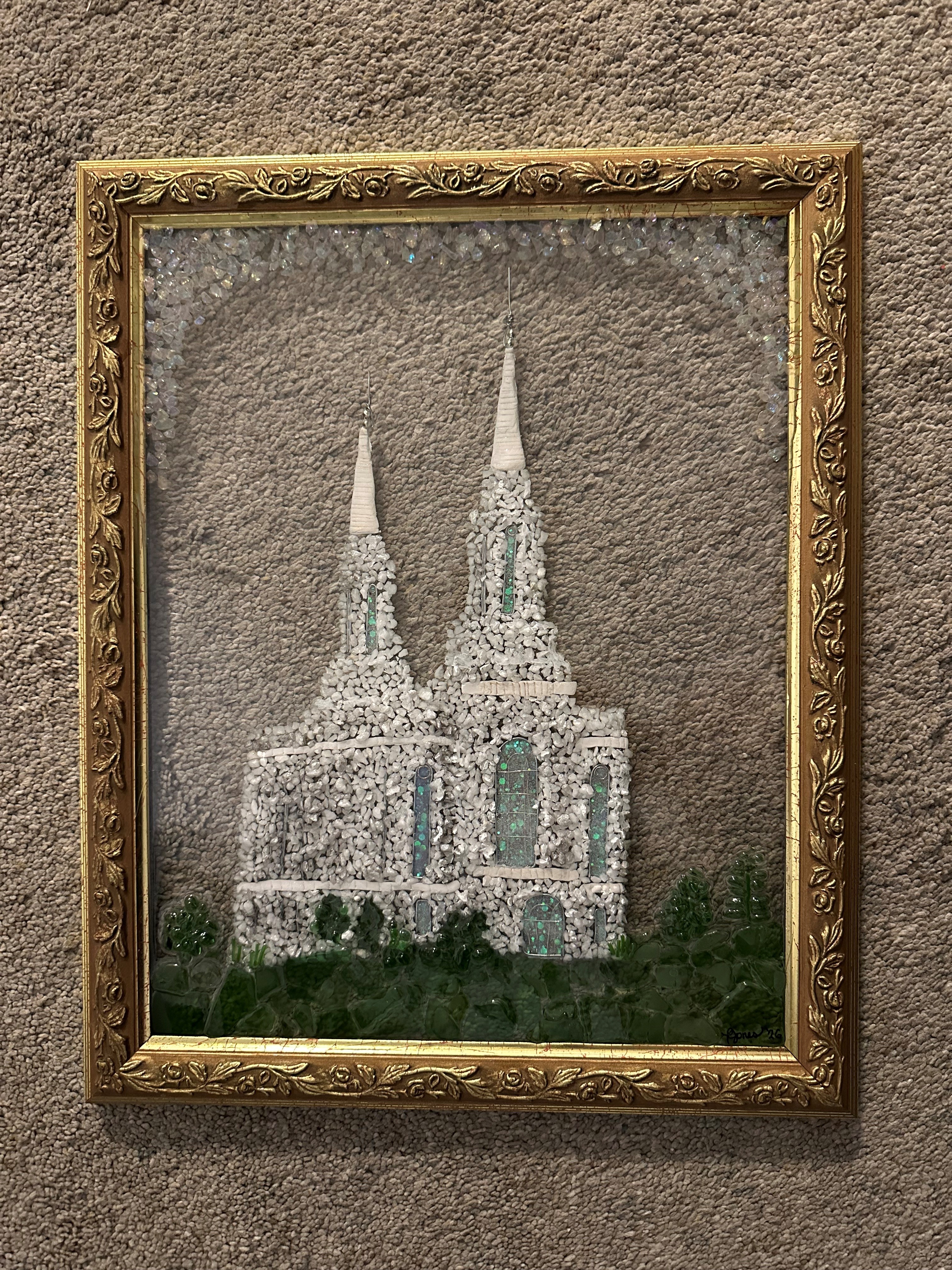 Seaglass mosaic of the Lindon, Utah Temple of The Church of Jesus Christ of Latter-day Saints with blue and white patterns